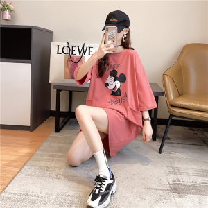RM3740#夏装韩版宽松圆领卡通印花上衣中长款大码女装短袖T恤女