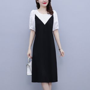 RM10113#大码女装夏季新款胖mm时尚韩版泡泡袖拼接显瘦中长连衣裙