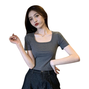 RM2153#夏季新款ins潮方领短款上衣设计感小众高级感正肩短袖t恤女