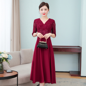 TR45965# 连衣裙新款裙五分袖婚宴礼服优雅显瘦高档酒红色裙 礼服批发
