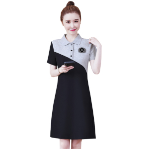 RM10302#拼接显瘦休闲连衣裙实拍2023夏季新款韩版POLO领套头中长款裙