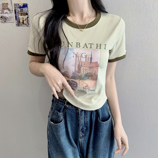 RM3805#新款夏装韩版短袖正肩t恤女撞色圆领百搭印花设计感上衣潮