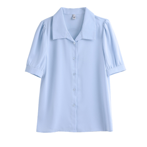 RM2614#小个子高级缎面雪纺短袖白色衬衫女夏季2023新款通勤显瘦上衣