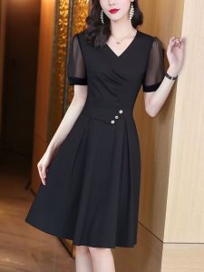 RM12305#新款法式短袖显瘦女士气质洋气小黑裙黑色连衣裙女夏季