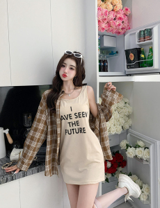 TR14445# 韩版宽松复古格子长袖薄款防晒衬衫＋字母背心两件套 服装批发女装服饰货源