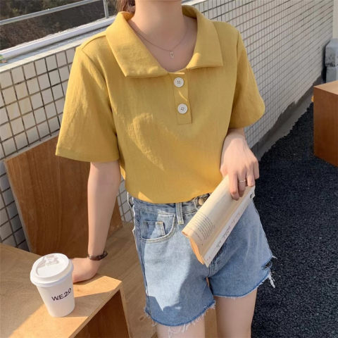 Official picture net price 6535 pull frame cotton short-sleeved t-shirt female POLO collar solid color girlfriends outfit