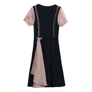 RM5074#大码女连衣裙2023夏季时尚拼接雪纺短袖气质洋气黑色中长款遮肚裙