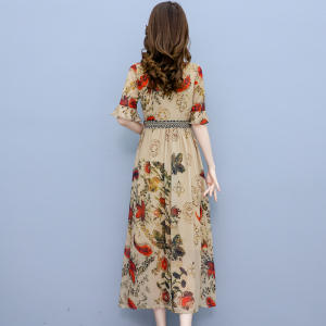 RM6376#夏季新款气质V领荷叶边袖口收腰印花雪纺连衣裙女