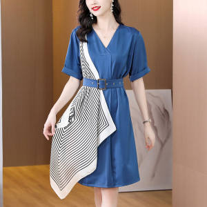 RM16381#夏季真丝印花拼接V领连衣裙女时尚优雅气质显瘦法式裙子