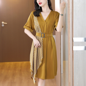 RM16381#夏季真丝印花拼接V领连衣裙女时尚优雅气质显瘦法式裙子