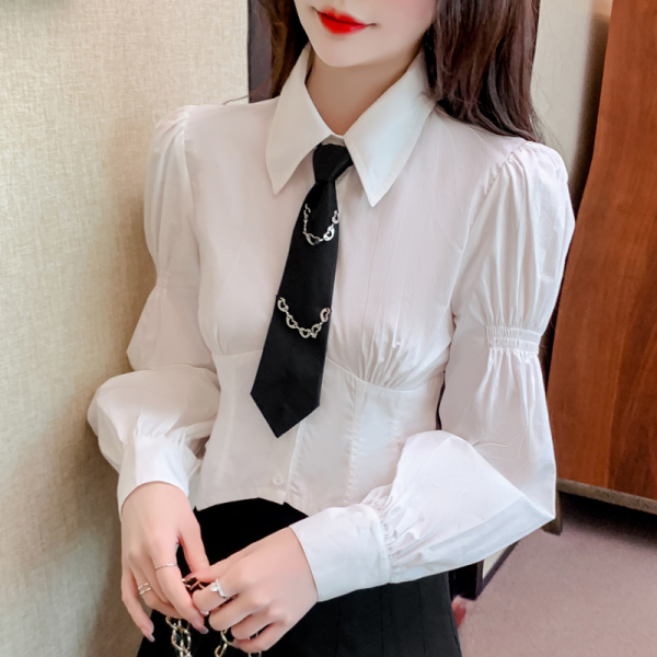 RM3303#学院风领带链条装饰长袖衬衫 新款休闲气质通勤上衣女
