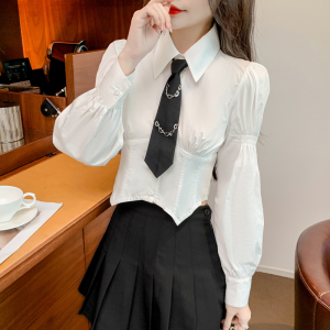 RM3303#学院风领带链条装饰长袖衬衫 新款休闲气质通勤上衣女