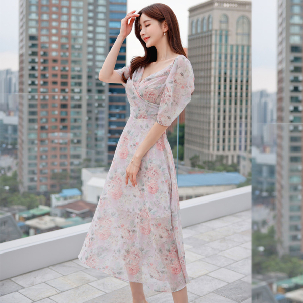 RM2272#韩版时尚v领气质淑女小清新印花雪纺中长款连衣裙