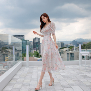 RM2272#韩版时尚v领气质淑女小清新印花雪纺中长款连衣裙