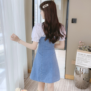 RM4402#夏季牛仔拼接日系甜美纯色短袖短裙简约超修身连衣裙