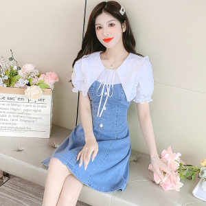 RM4402#夏季牛仔拼接日系甜美纯色短袖短裙简约超修身连衣裙