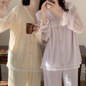 RM5388#春夏新款长袖睡衣莫代尔+网纱白色粉色公主风