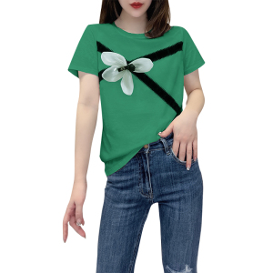 TR16057# 绿色小众设计感立体花朵圆领修身短袖T恤女欧洲站夏季新款 服装批发女装服饰货源