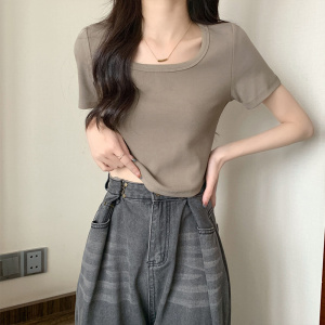 RM3157#夏季方领短袖t恤女不规则修身显瘦弧形下摆短款辣妹上衣