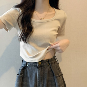 RM3157#夏季方领短袖t恤女不规则修身显瘦弧形下摆短款辣妹上衣
