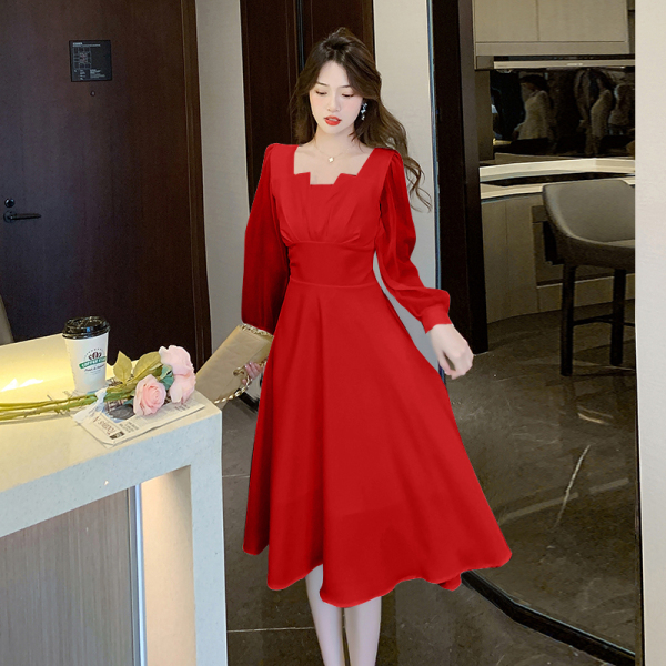 RM10410#新款法式方领长袖纯色名媛气质设计感连衣裙大码女装