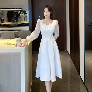RM10410#新款法式方领长袖纯色名媛气质设计感连衣裙大码女装