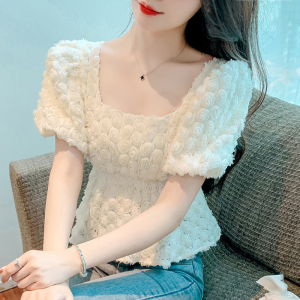 RM5605#法式浪漫气质方领立体花朵短袖蕾丝衬衣洋气上衣