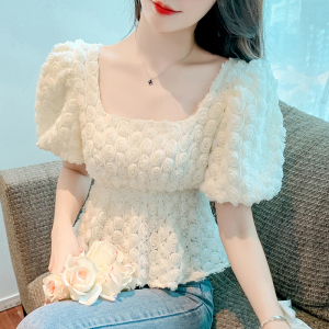 RM5605#法式浪漫气质方领立体花朵短袖蕾丝衬衣洋气上衣