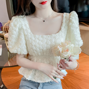 RM5605#法式浪漫气质方领立体花朵短袖蕾丝衬衣洋气上衣