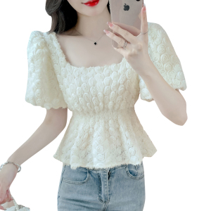 RM5605#法式浪漫气质方领立体花朵短袖蕾丝衬衣洋气上衣