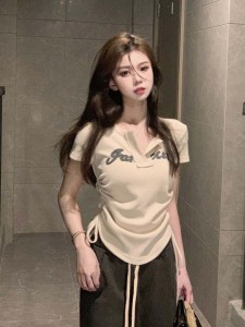RM2303#辣妹抽绳短袖正肩T恤女装夏季2023新款