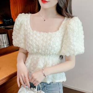 RM5605#法式浪漫气质方领立体花朵短袖蕾丝衬衣洋气上衣