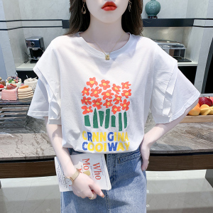 RM2148#夏季新款T恤休闲落肩袖艺术绘画植物花卉圆领甜美宽松