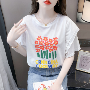 RM2148#夏季新款T恤休闲落肩袖艺术绘画植物花卉圆领甜美宽松