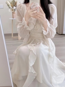 TR23312# 新款女装桔梗法式仙女裙高端精致小香风白色方领连衣裙