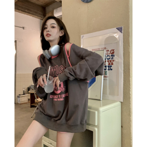 TR13761# 春季新款韩版复古chic长袖设计感拼色露肩卫衣女新款 服装批发女装服饰货源