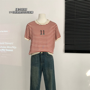 TR19121# 大码女装夏季胖妹妹撞色条纹短袖t恤短款设计感针织上衣