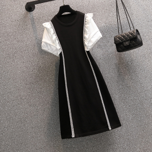 RM3078#大码女装夏装新款胖mm时尚设计感减龄显瘦雪纺拼接冰丝连衣裙