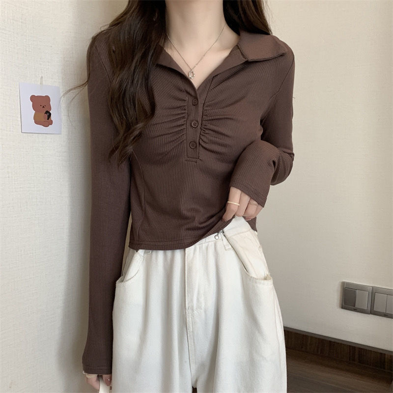 Spring new temperament pure desire POLO collar poke wrinkle slim fit all-match long-sleeved top spring bottoming top