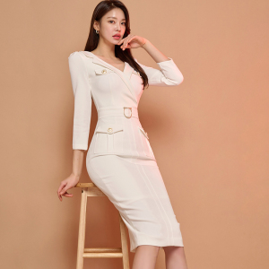 RM4610#新款韩版气质西装领修身收腰七分袖包臀职业连衣裙