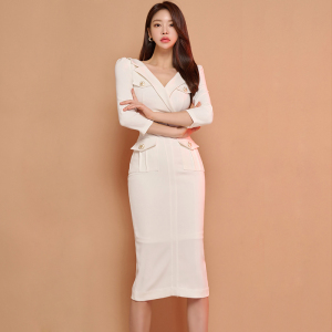RM4610#新款韩版气质西装领修身收腰七分袖包臀职业连衣裙