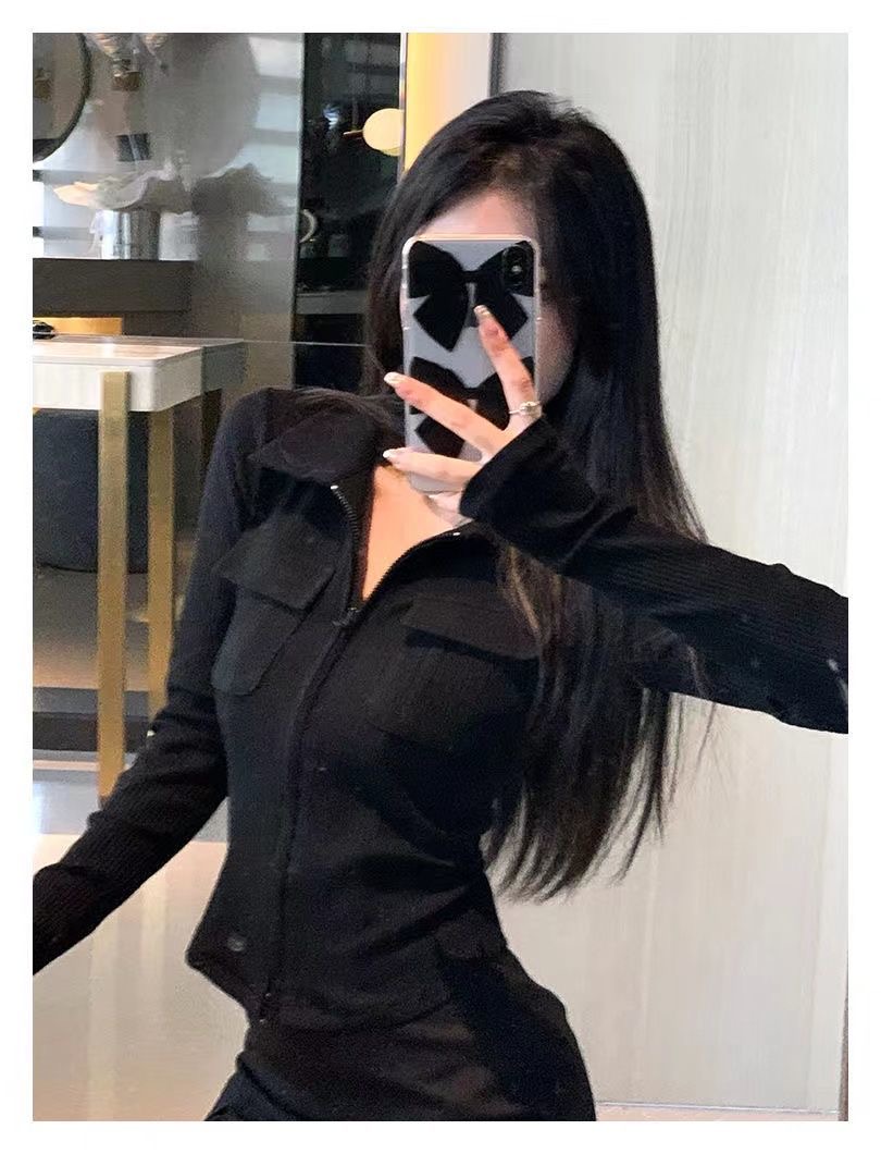 Slim top long-sleeved outerwear small cardigan women's sweet and spicy design bottoming short POLO zipper bottoming top
