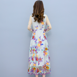 RM5468#春夏新款长袖网纱重工刺绣高档收腰显瘦中长款裙子