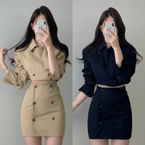 TR14032# 春装上新！韩版两件套长袖短款风衣系列+包臀裙套装 服装批发女装直播货源