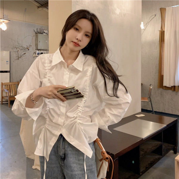 RM2307#韩系早秋上衣慵懒显瘦长袖抽绳白衬衫女设计感小众