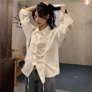 RM2307#韩系早秋上衣慵懒显瘦长袖抽绳白衬衫女设计感小众
