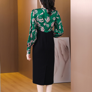 RM3683#春夏新款印花连衣裙长袖高级感气质收腰性感包臀假两件套裙子