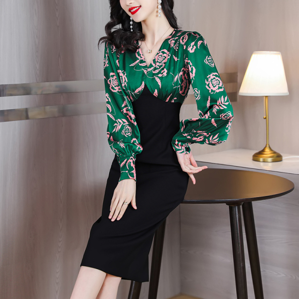 RM3683#春夏新款印花连衣裙长袖高级感气质收腰性感包臀假两件套裙子