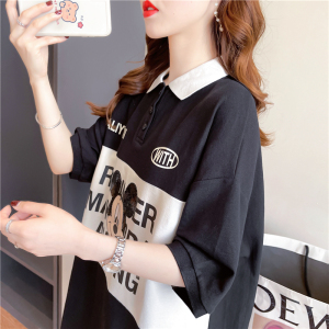 RM3747#夏装韩版宽松珠地布POLO领印花上衣中长款大码短袖T恤女