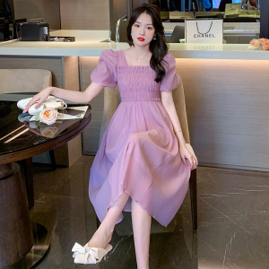RM4368#夏季新款甜美淑女公主袖中长裙纯色短袖连衣裙